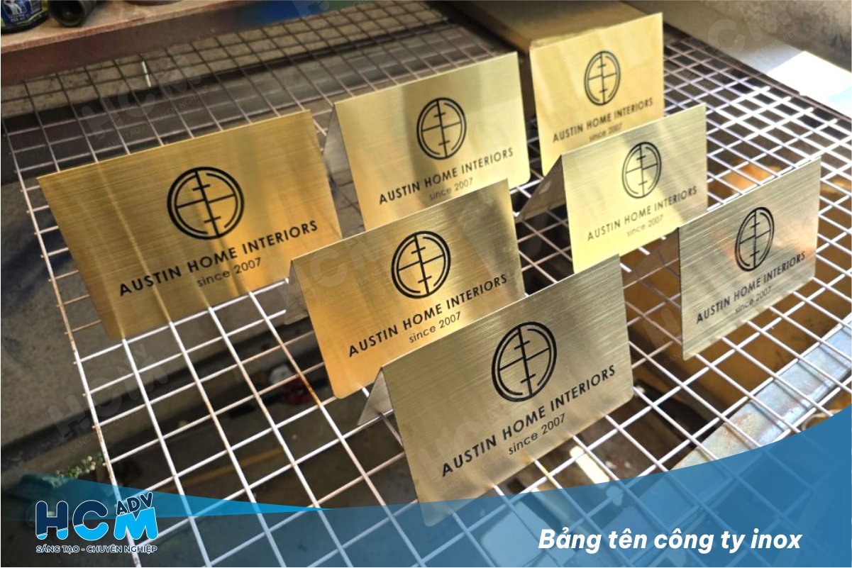 Gia công Bảng tên công ty inox vàng xước giá rẻ