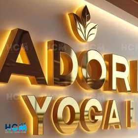 Bảng hiệu chữ inox vàng có LED hắt sáng chân ban đêm
